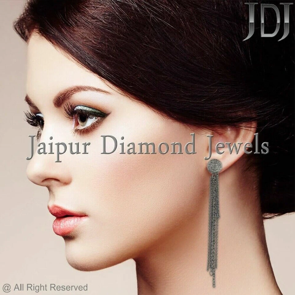 Natural Pavé Marrón Diamante 925 Plata Maciza Eslabón Cadena Pendientes Handmade - Imagen 2 de 4