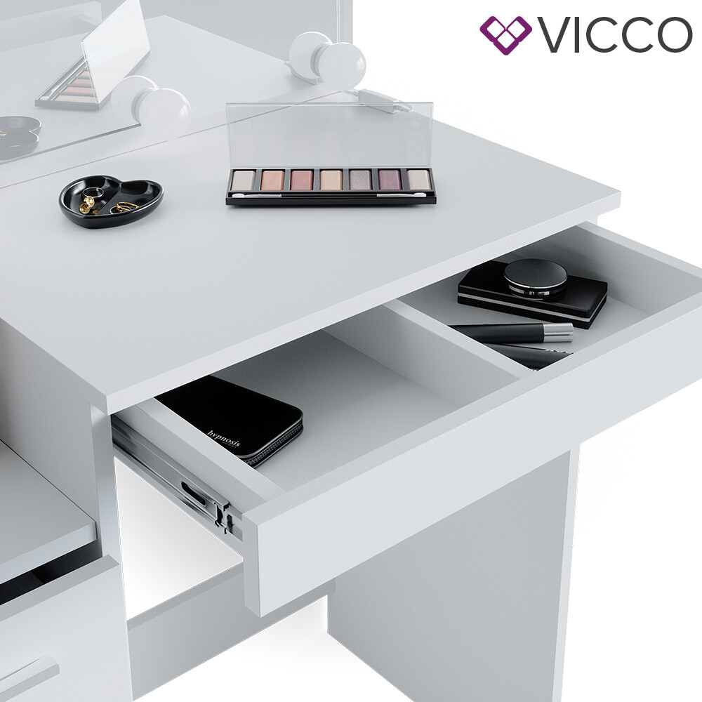 Coiffeuse Meryl Avec éclairage LED - Vicco - Blanc - 3 Tiroirs - Neuf