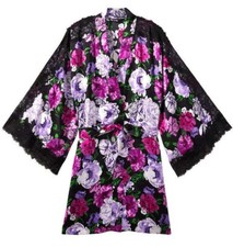  95 VICTORIA  S SECRET FLORAL SATIN KIMONO LACE INSET ROBE LINGERIE M/L NWT
