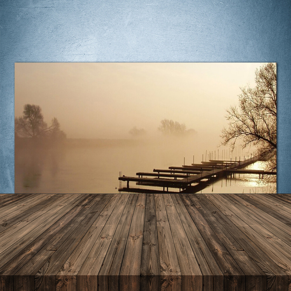 Crédence cuisine verre 140x70 paysage pont eau brouillard panneau mural