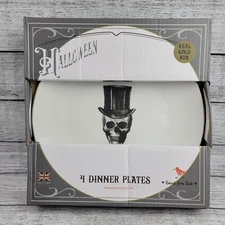 Set 4 Harvest Green Studio Halloween SKULL 10.5" Dinner Plate Top Hat GOTHIC NEW