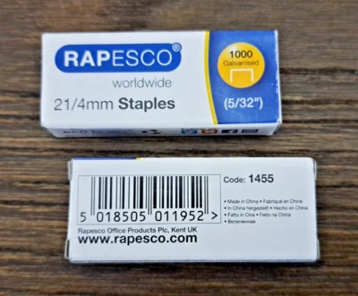 4,000 (4x1000) RAPESCO 21/4mm (6/4) GALVANISED STAPLES 1455 FITS REXEL BAMBI 25