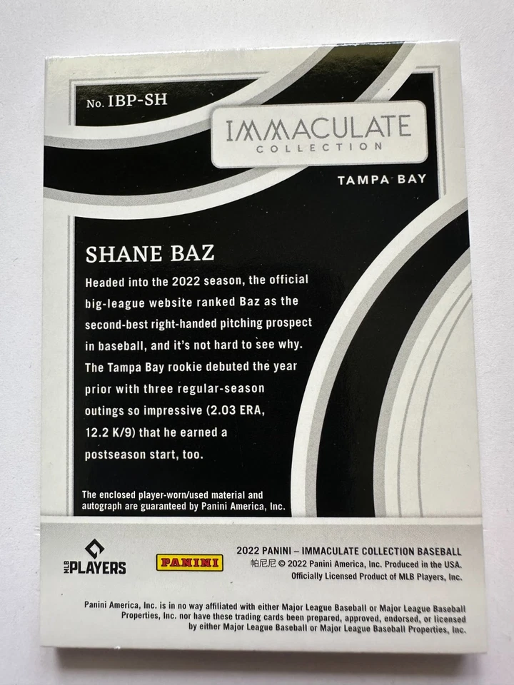 2022 Panini Immaculate Gold/Black Fielding Glove Relic /10 Shane Baz Rookie RC - Image 3 of 4