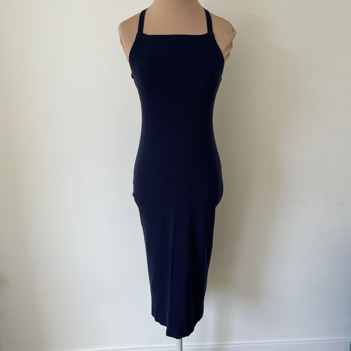 Reformation Navy Blue Ribbed Knit Square Neck Crisscross Open Back Midi  Dress S | eBay