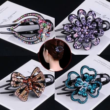 Women Rhinestone Flower Duckbill Clip Hair Claws Grip Elegant Hairpin Barrette L