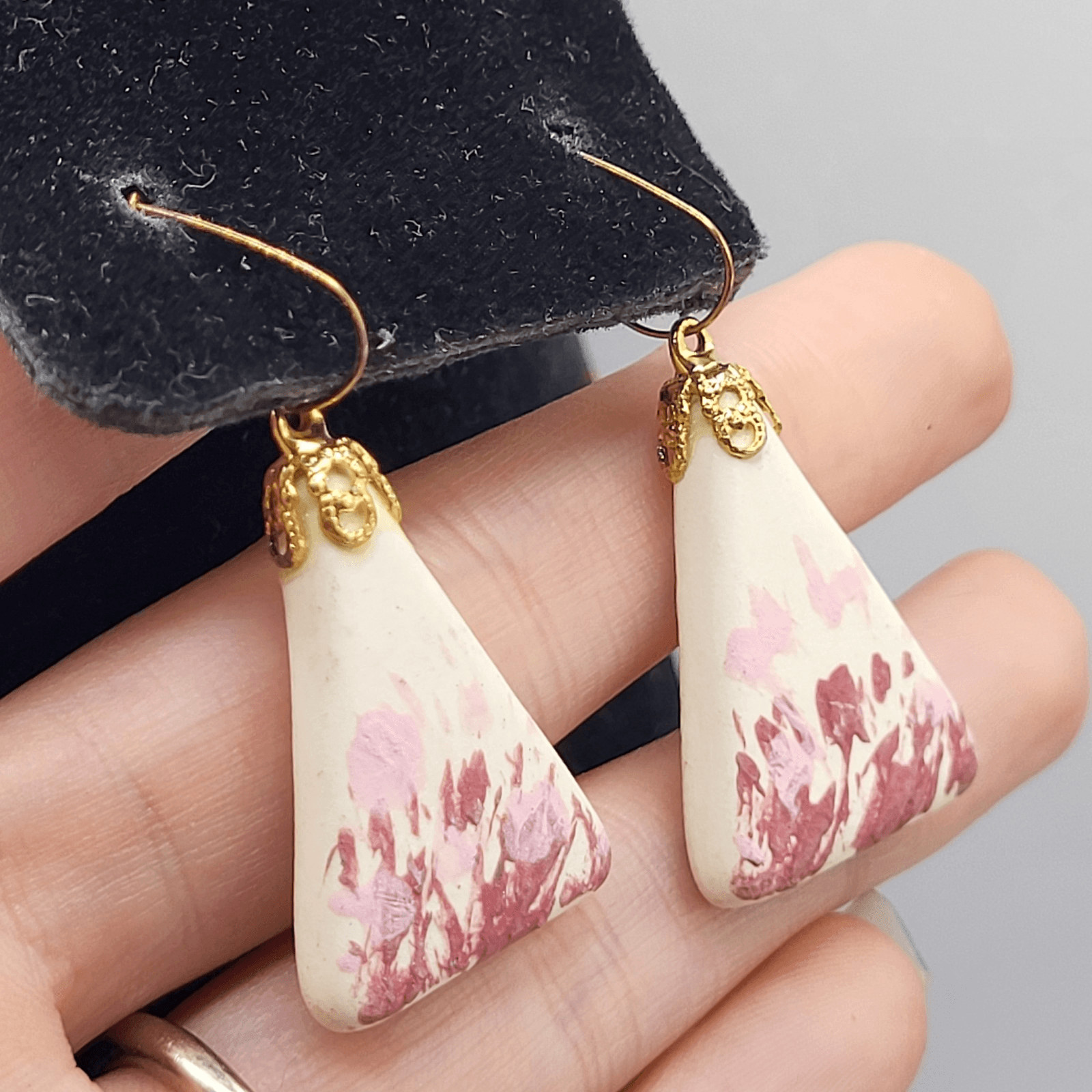 Triangular Ceramic Dangle Earrings Red and Pink 2… - image 2