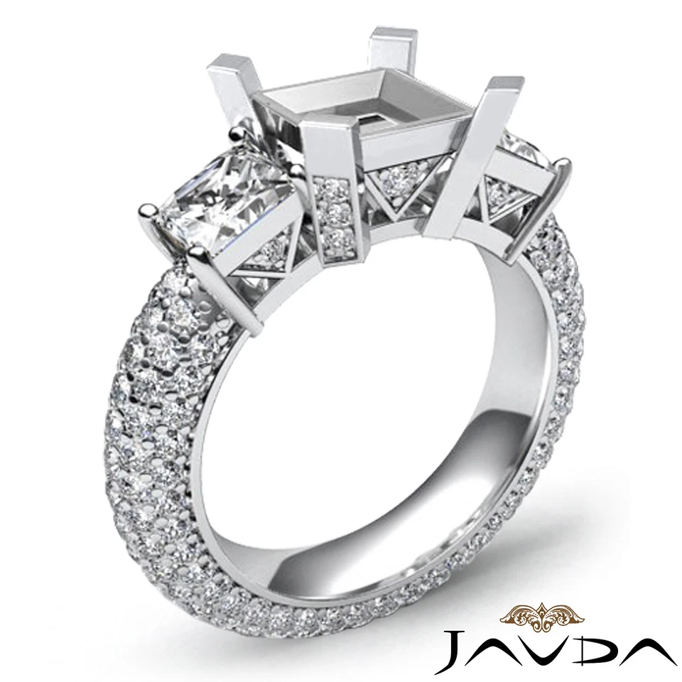 3 Stone Diamond Wedding Eternity Ring 18k White Gold Princess Semi Mount 2.8Ct - Image 2 of 4