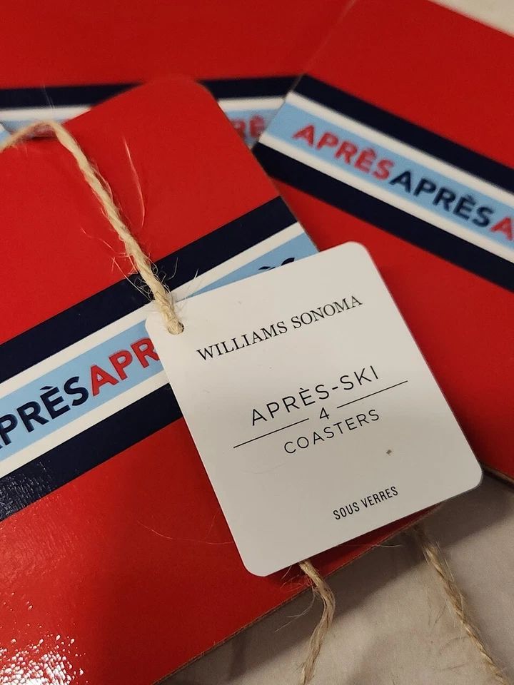 WILLIAMS SONOMA Après Ski Coasters Set of 4 French Sous Verres Cork Back 4x4 NIP - Image 4 of 4