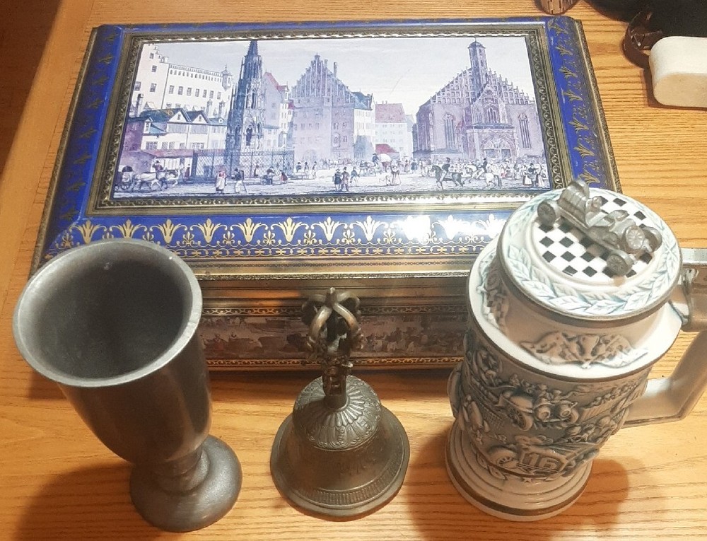 1989 AVON Racing Car STEIN, BELL Mug And Large German Tin - Lot
