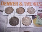 Lot (5) Morgan Silver Dollars 1881-O, 1884-P, 1887-P, 1921-S & 1921-S, X-Fine AU