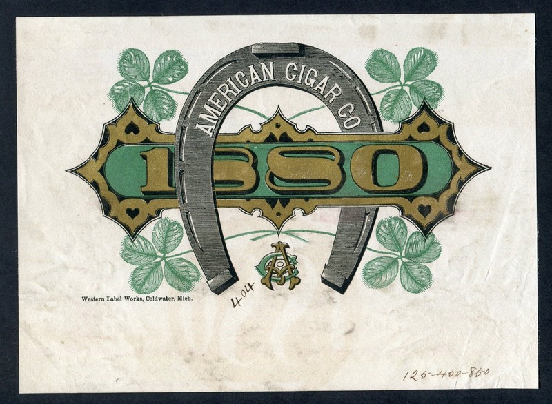 EX RARE Old Original AMERICAN CIGAR CO. 1880 Cigar Label - HORSESHOE - CLOVERS