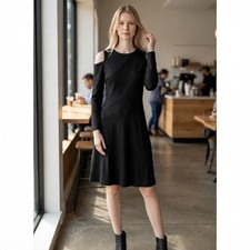 LOFT Cold Shoulder Dress Womens Size 4 Black Long Sleeve Fit Flare 437885