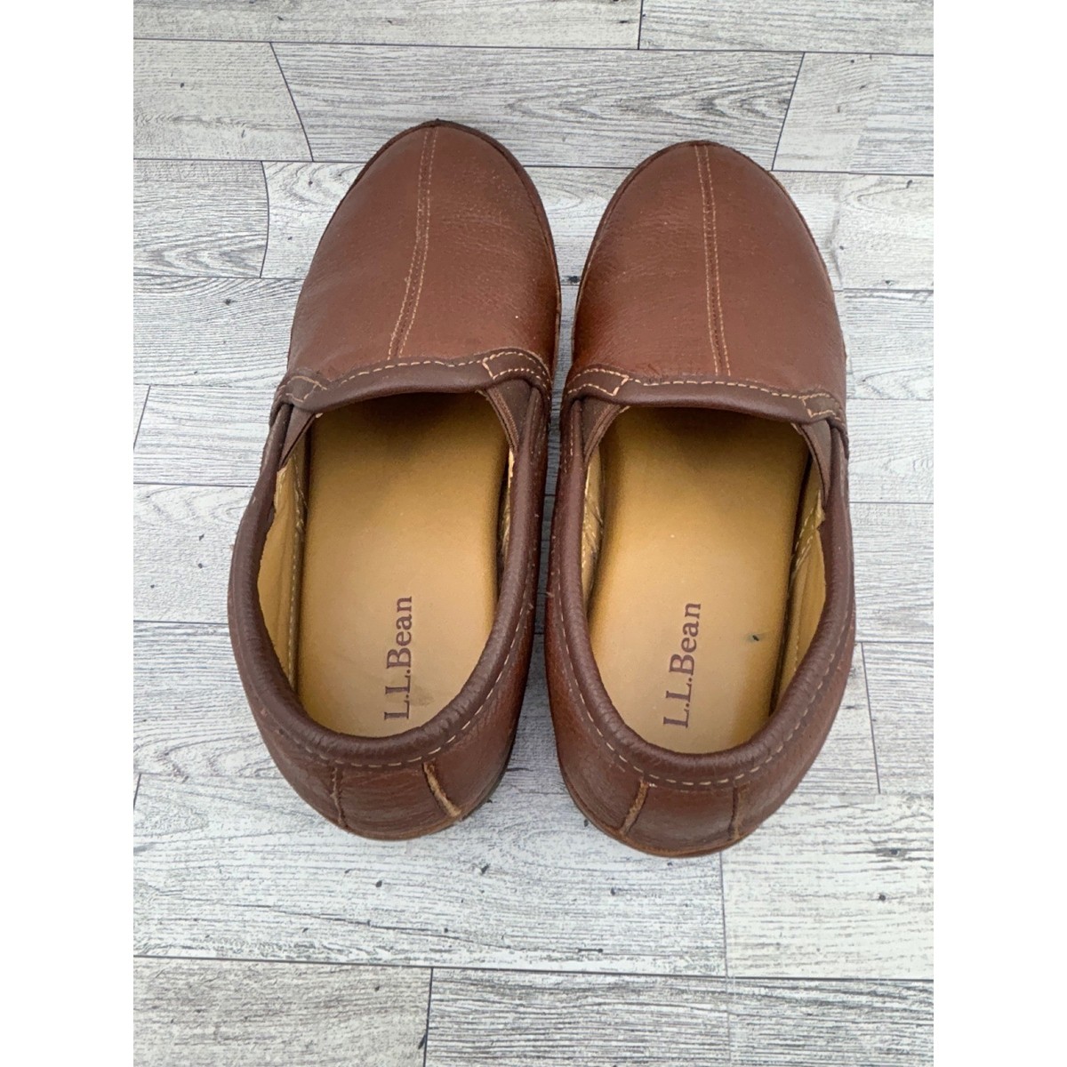 LL Bean Mens Elkhide Slippers Brown Leather Slip On Scuff Shoes