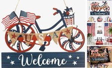 4th of July Decorations for Front Door, Wooden Patriotic Independence Blue Bike