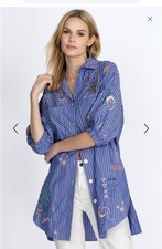 JOHNNY WAS Embroidered Sezane Weekend Shirt Small Blue Striped Oversized Artsy