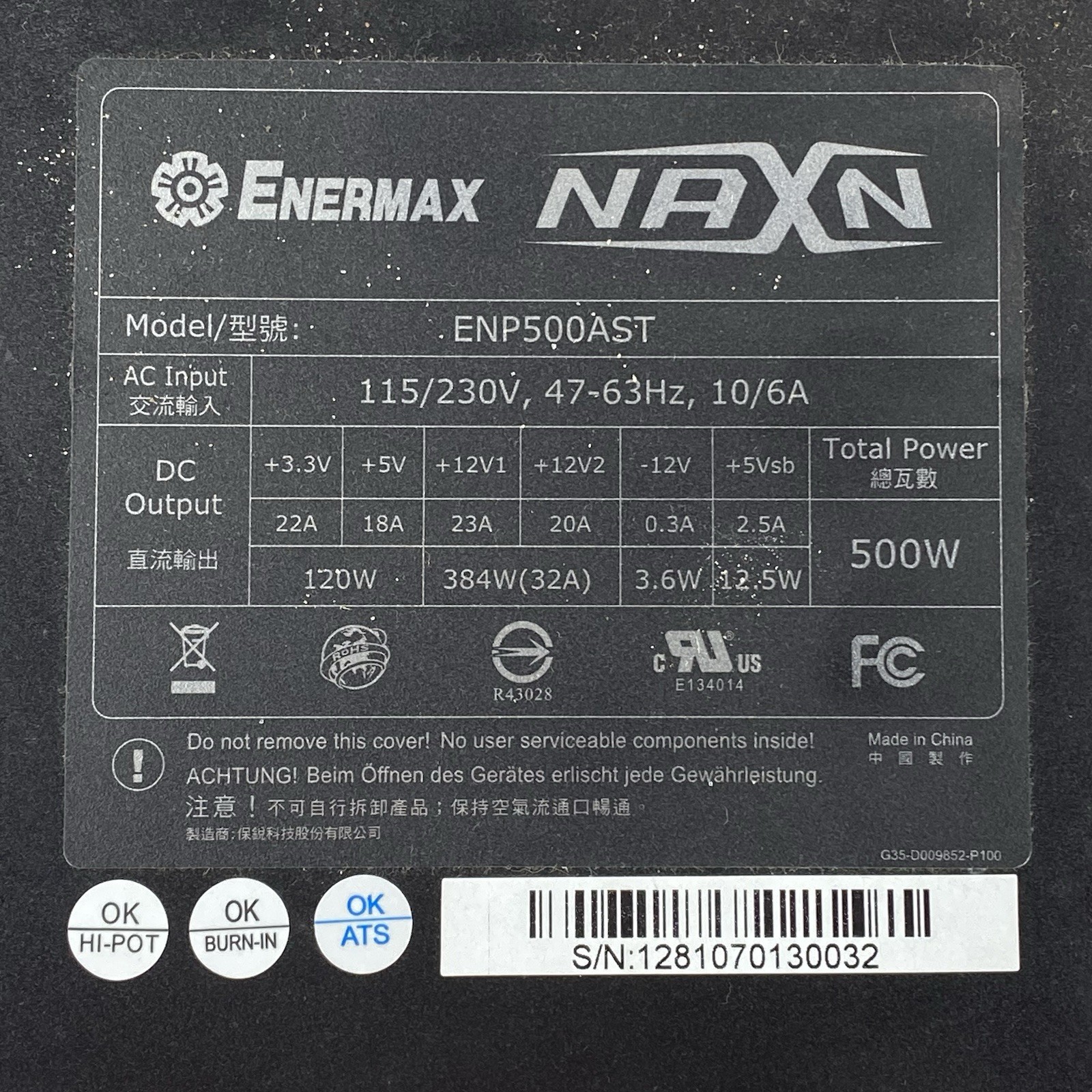 Enermax NAXN ENP500AST 500W Power Supply Power Tested
