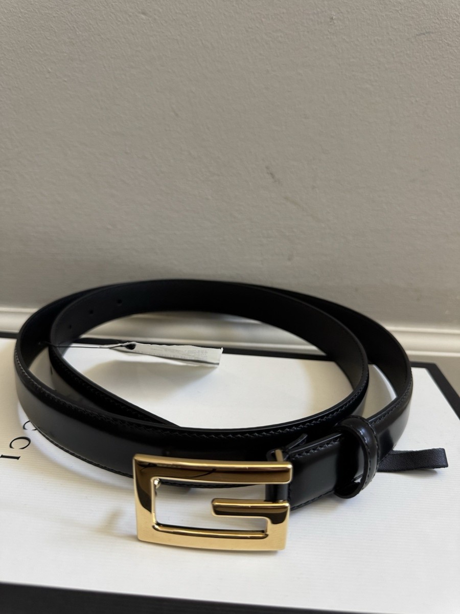 Gucci Gold Square G Logo Black Leather Belt 523305 Women Size 100