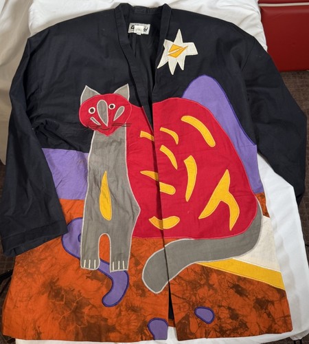 Vintage Girasol Wearable Art Cat Applique Colorblock Jacket Women’s L