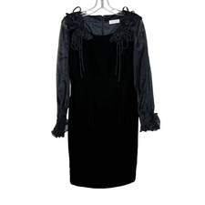 Vintage Merve Facette Black Long Sleeve Sheath Dress Roses Floral Accent Sheer