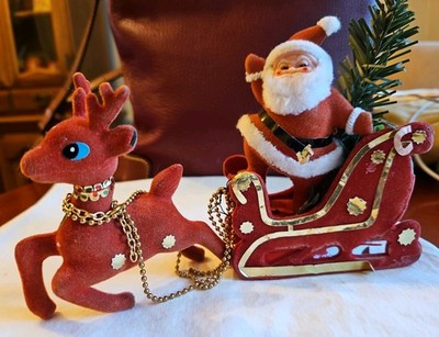 Christmas Vintage MidCentury Red Velvet Flocked Santa, Sled, Reindeer, Pre-loved