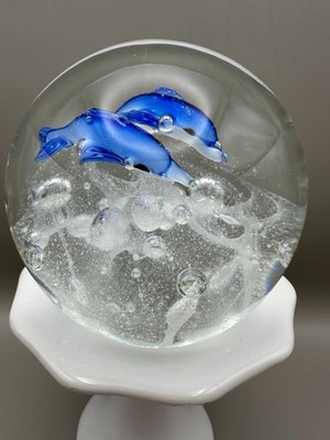 Murano Style Dolphin Art Glass Paperweight | Blue Dolphins | 2.5 