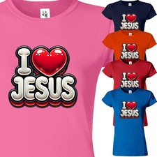 America I Love Jesus Heart Women TShirt Funny Gift Christian Religious Cross Tee