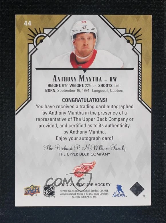 2020-21 Upper Deck Stature Blue Auto /10 Anthony Mantha #44 Auto - Image 2 of 2
