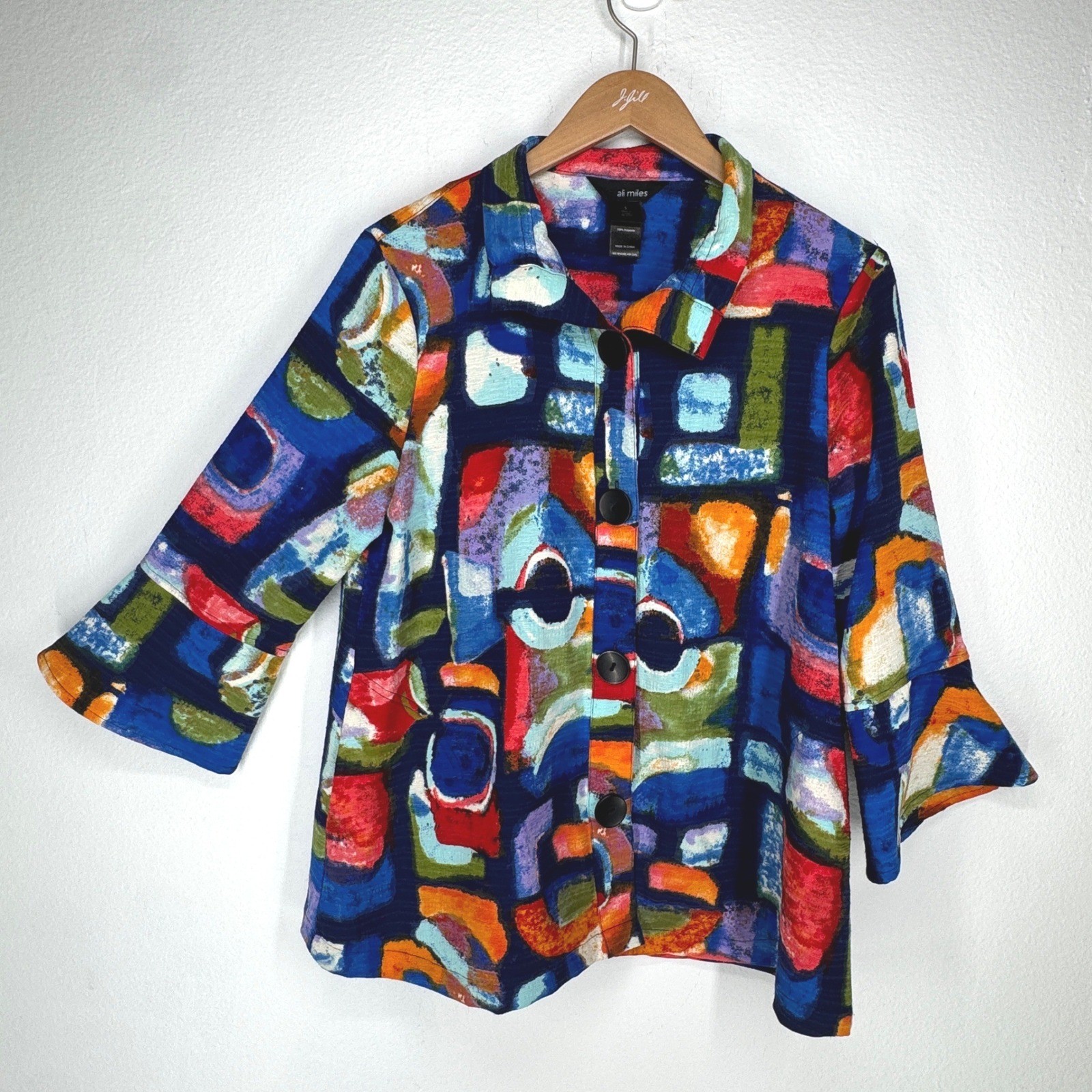 Ali Miles Womens Small Abstract Geometric Button Front Jacket 3/4 Bell Sleeve