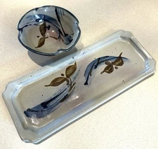 Robin Cage Signed Studio Pottery Tray Platter & Bowl Dish Set Sushi Crackers Dip