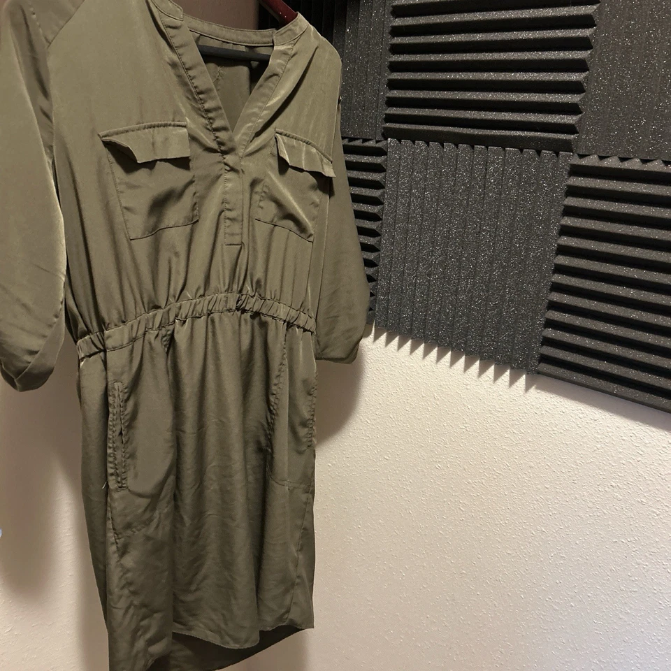 Vestido Camisa Mossimo Para Mujer P/S Verde Roll Tab Slv Elástico Cintura Cinturón, Hermoso Foto 3 de 4