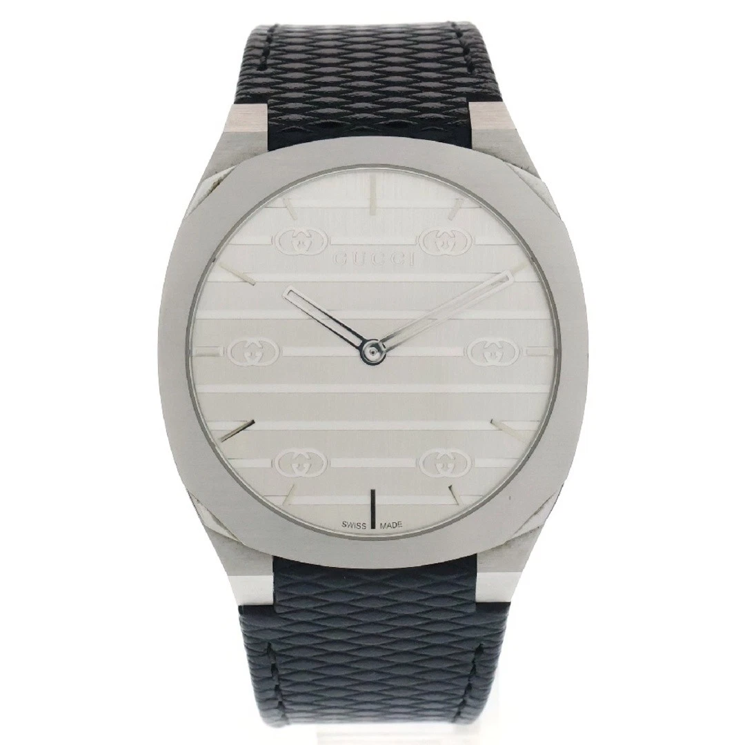 Gucci 25H Interlocking Quartz Watch Leather Band Silver black 163.4 U dc058a3