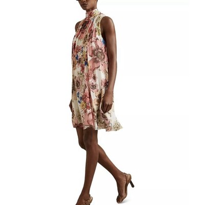 REISS Kady Chiffon Floral Sleeveless Pleated Mini Dress Cream/Pink Sz 0