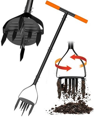 Hand Tiller Cultivator with 5.1 Inch Deep 8 Steel Teeth, Manual Soil Tiller G...