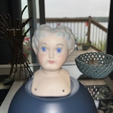 China Head Doll Bust Signed Blue Eyes Porcelain Shoulder Head