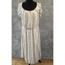 Romantic Floral Stripe Dress L Smocked Waist Puff Sleeve Midi Boho Cottagecore