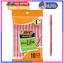 10-Count BIC Round Stic Xtra Life Red Ballpoint Pens, Medium Point 1.0mm 