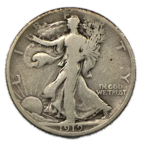 1919 D Denver Walking Liberty Silver Half Dollar 50c Very Good VG+