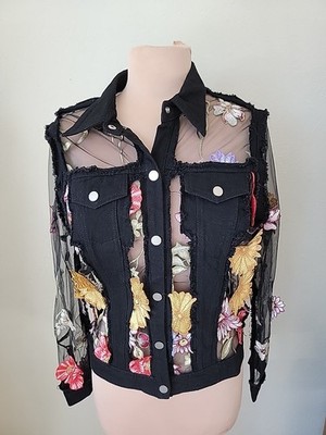 ADORE Floral Sheer Denim Jacket Women's Size SMALL Black Colorful Snap Close
