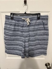 Old Navy Mens Linen Blend Elastic Waist Shorts Sz L Blue Striped Drawstring
