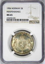 1906 NORWAY 2 KRONER INDEPENDENCE HAAKON VII ~ NGC GEM UNCIRCULATED MS65!