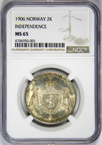 1906 NORWAY 2 KRONER INDEPENDENCE HAAKON VII ~ NGC GEM UNCIRCULATED MS65!