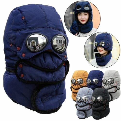Winter Skiing Windproof Trapper Hat with Goggles Thermal Unisex Scarf Fleece Cap