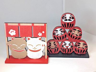 Japanese Wooden Ornament Set - Maneki Neko & Daruma - DAISO Japan - 4'' Cute Deco