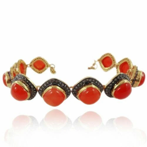 VALENTINO Bracciale Tennis 45 5ct Corallo Gemma Pavè Diamante Argento 925 Bellissimo Gioielli