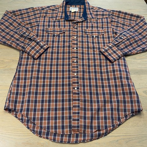VTG Rockmount Ranch Wear Shirt Pearl Snap Mens 17 M Blue Red Plaid Western USA - Picture 3 of 20
