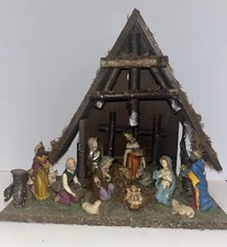 Vintage Nativity Set Manger Scene Made in Italy Wood Stable With Figurines