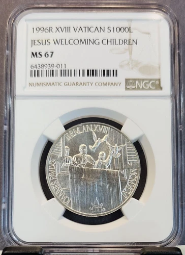 1996 VATICAN SILVER 1000 LIRE JESUS WELCOMING CHILDREN NGC MS 67 NICE GEM BU