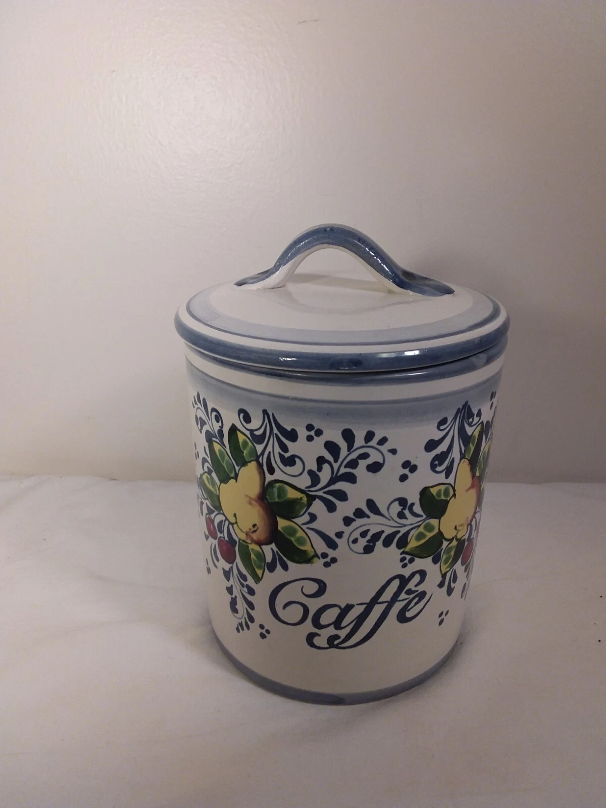 Ceramiche Il Ponte Canister Italian Ivory W/Fruit Handpainted Blue Trim 6"H 5"D