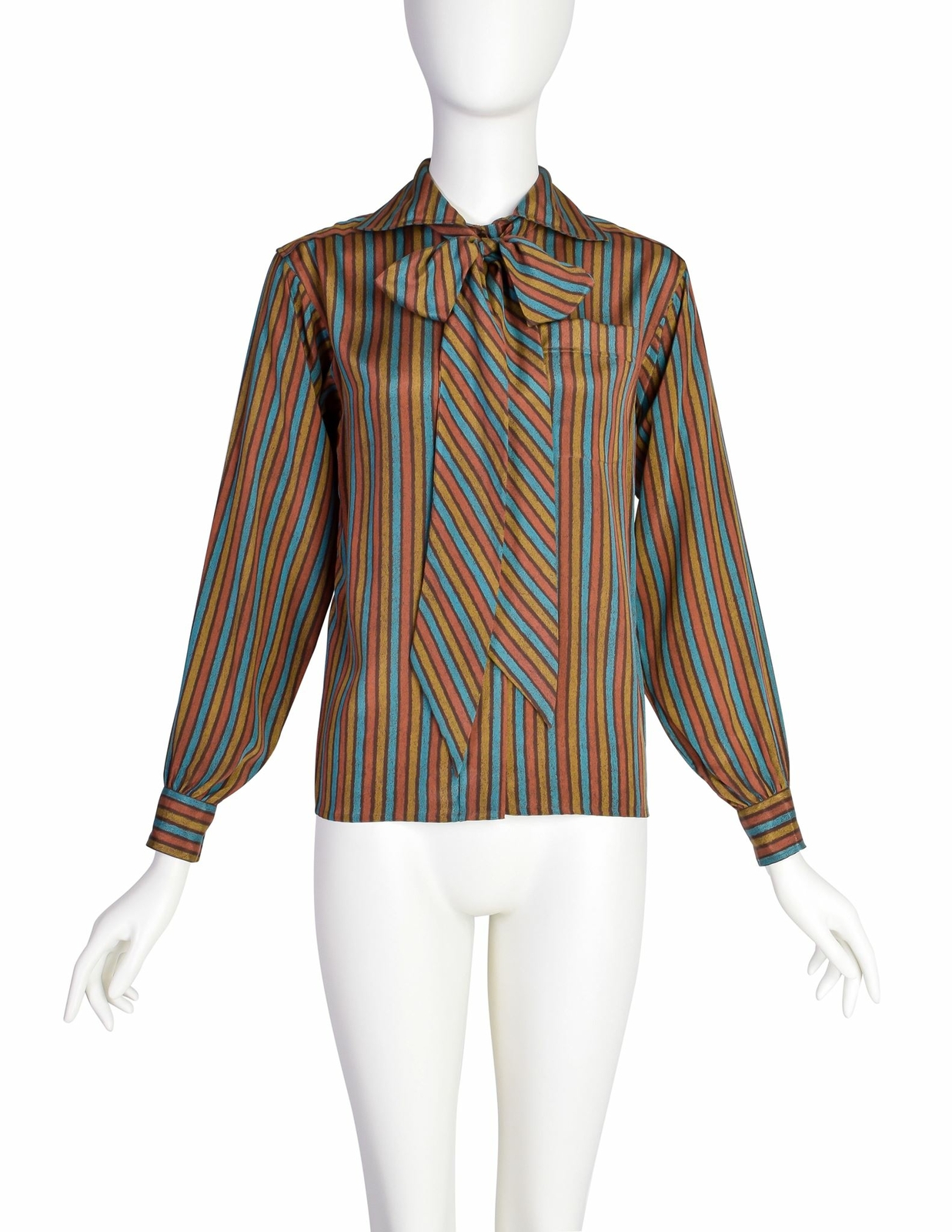 Camicia Yves Saint Laurent vintage anni '70 multicolore a righe colletto Lavalliere