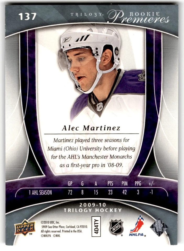 2009-10 Upper Deck Trilogy Premieres Alec Martinez Rookie /799 #137 Los Angeles - Image 2 of 2